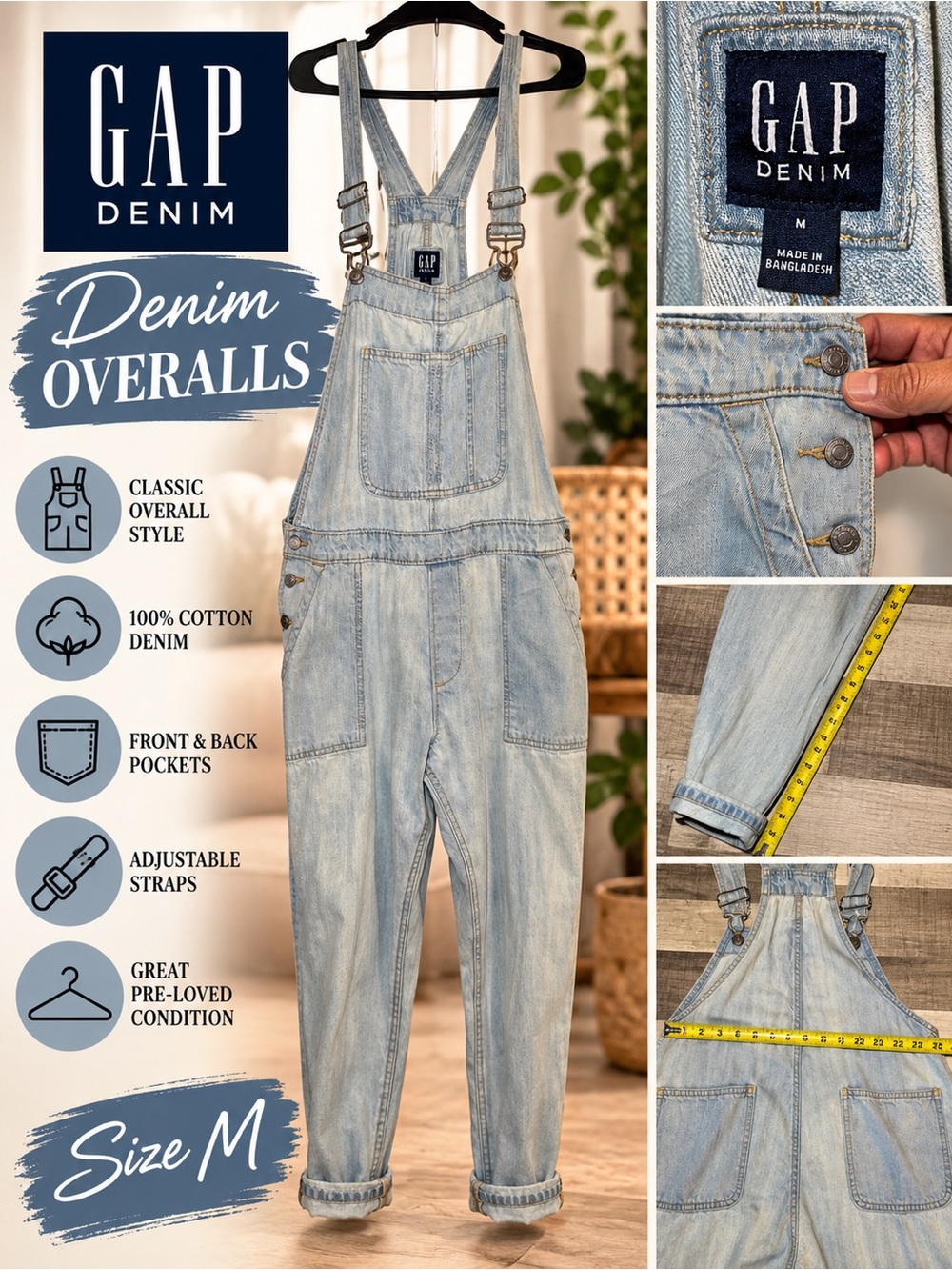 GAP Denim Light Wash Baggy Overalls Bib Jumpsuit Size M